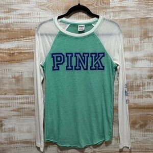 PINK Victoria's Secret Green and White Reglan Long Sleeve T-Shirt in Size XS